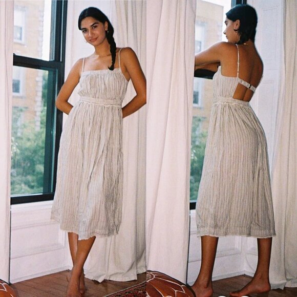 Urban Outfitters Midi Dress Stripe Prairie Linen Cottagecore Small - Picture 2 of 13